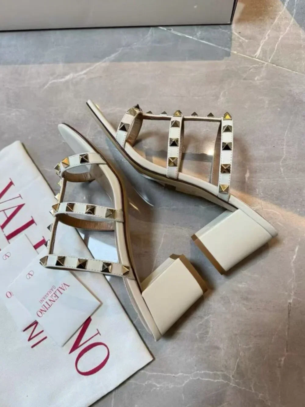 Valentino Open‑Toe Rock‑Stud Strappy White Leather Chunky‑Heel Mule Slides